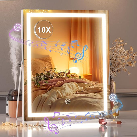 Hasipu Vanity Mirror with Lights and Bluetooth Speaker, 11.4" x 13.8" LED Makeup Mirror with 10X Magnification, Smart Touch 3 Colors Dimmable, Brightness Adjustment, 360Â° Rotation, White