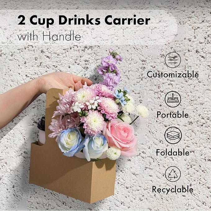 FMP Brands 2 Cup Disposable Drink Carrier with Handle, 15 Pack Kraft Paperboard Handled Drink Carriers 12-30 oz to Go Coffee Cup Holder, Cup Carrier for Cold Hot Drinks, Valentine Mother's Day
