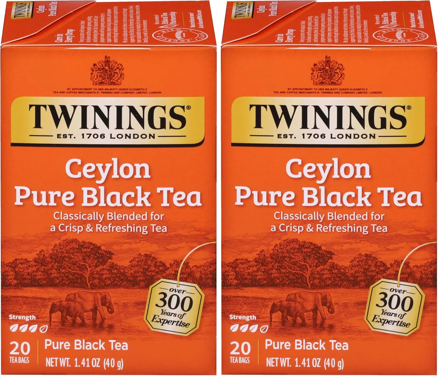 Twinings Ceylon Pure Black Tea Individually Wrapped Bags, 20 Count (Pack of 2), formerly Ceylon Orange Pekoe, Crisp, Refreshing, Caffeinated, Enjoy Hot or Iced, 20 Teabags