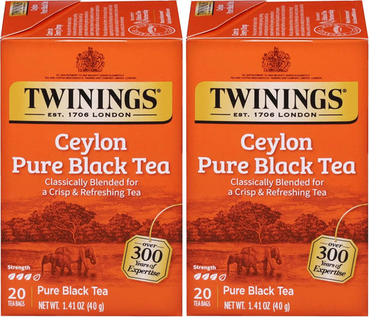 Twinings Ceylon Pure Black Tea Individually Wrapped Bags, 20 Count (Pack of 2), formerly Ceylon Orange Pekoe, Crisp, Refreshing, Caffeinated, Enjoy Hot or Iced, 20 Teabags