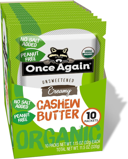 Once Again Organic Cashew Butter Packets - Individual Nut Butter Packets - No Sugar or Salt Added Snack Pouches - Single Serve Squeeze Packs - Vegan, Non-GMO, Gluten Free - 1.15 Ounce Packs, 10 Count