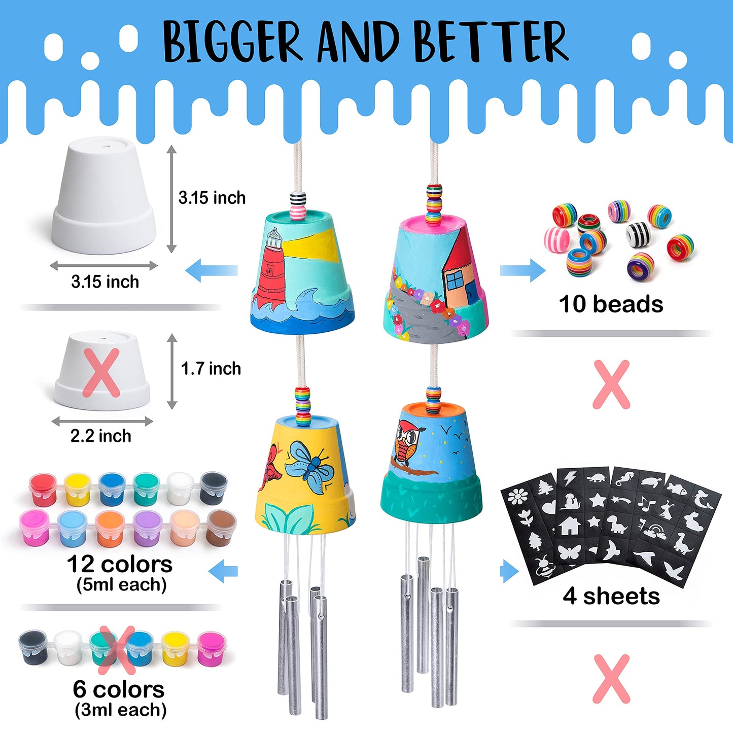 ROMI'S WAY 2-Pack Make Your Own Wind Chime Kit - Larger Bells, Stencils and Beads, Arts and Crafts for Kids Ages 8-12, 6-8 - DIY Craft Kit for Girls & Boys - Unique Art Gifts for Christmas, Birthday