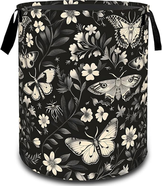 Vintage Butterfly Moth Floral Laundry Basket, Dirty Collapsible Clothes Toy Organizer Hamper for Kids Adults, Oxford Cloth Waterproof Storage Bin for Room Bathroom Home Decor Gifts, 19.7"X15.7"