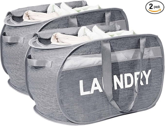 Collapsible Laundry Basket 2 pack, Foldable Pop Up Grey Laundry Baskets Mesh with Lid & Handle, Pop Up Collapsible Laundrys Hamper, Fabric Laundrys Baskets for Dorm, Travel, Bathroom