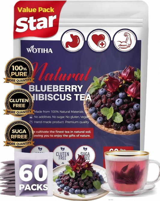 WOTIHA 60 Count Premium Blueberry Hibiscus Tea Bags - 100% Natural, Sweet & Tangy Flavor, Rich in Antioxidants, Enjoy Hot or Iced, Caffeine-Free, Additive-Free, Sugar-Free, Vegan
