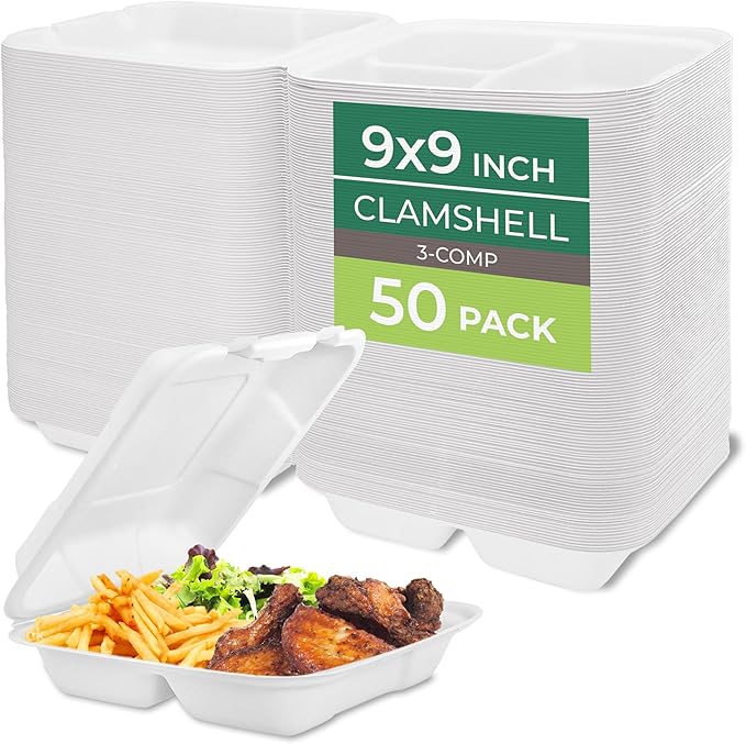 Freshware Clamshell Food Containers with Lids [9x9"] 3-Compartment 50-Pack, Disposable To Go Containers, Biodegradable Sugarcane To Go Boxes - Paper Containers - Microwave & Freezer Safe, Stackable