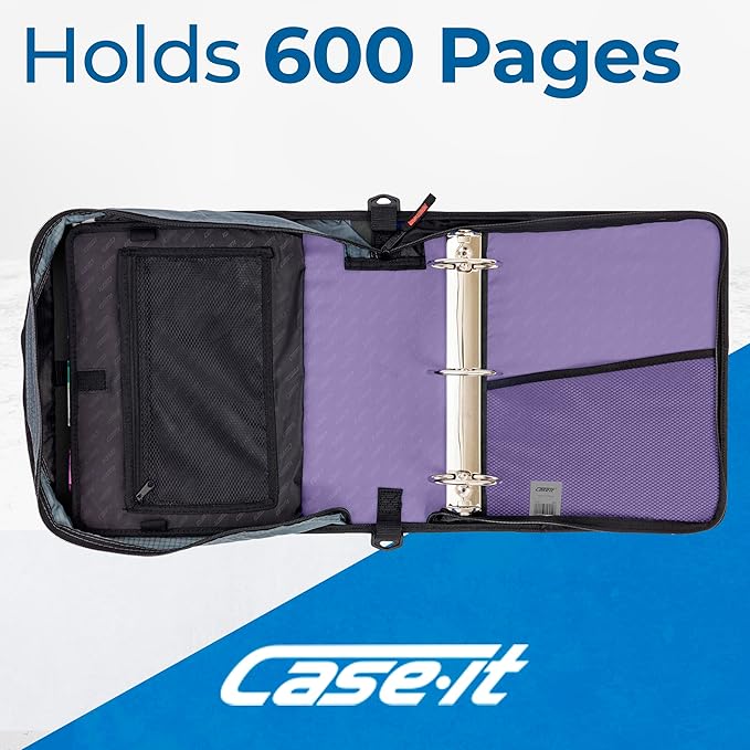 Case-it Mighty Zip Tab School Zipper Binder | 3-Inch O-Rings, 600-Sheet Capacity, 5-Subject Expanding File Folder, Multiple Pockets & Storage Organizer, Shoulder Strap | D-146 Lavender (Pack of 6)
