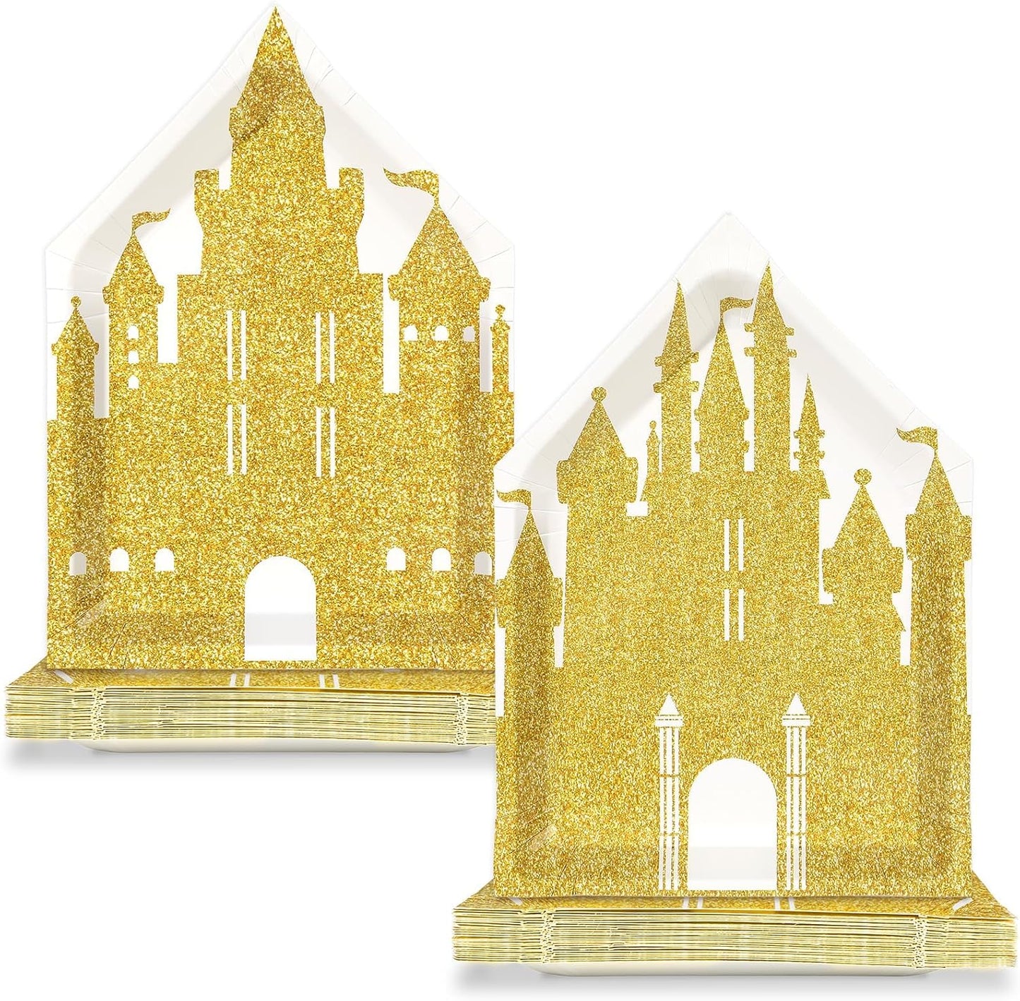 50Pcs 10 Inch Princess Castle Shaped Paper Plates Gold Glitter Castle Party Decorations Princess Disposable Dinner Plates Fairytale Themed Tableware for Girls Birthday Party Baby Shower Decoration