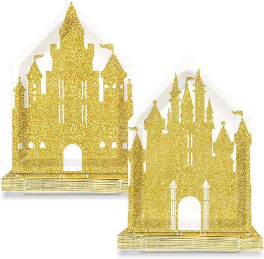 50Pcs 10 Inch Princess Castle Shaped Paper Plates Gold Glitter Castle Party Decorations Princess Disposable Dinner Plates Fairytale Themed Tableware for Girls Birthday Party Baby Shower Decoration