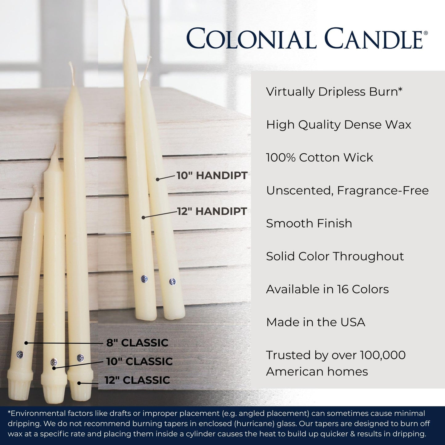 Colonial Candle Handipt Taper Candle, 10 in, White 12 count