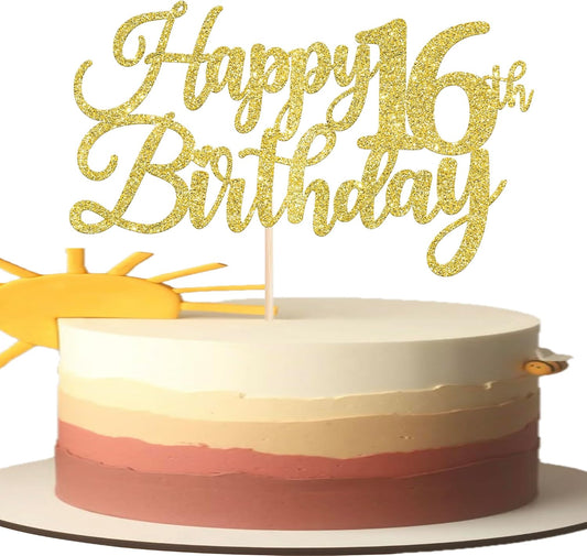 Rsstarxi 1 Pack Happy 16th Birthday Cake Topper Gold Glitter Cheers to 16 Years Hello 16 Fabulous Cake Pick for It's My 16 Birthday Theme Celebrate Party Cake Decorations Supplies