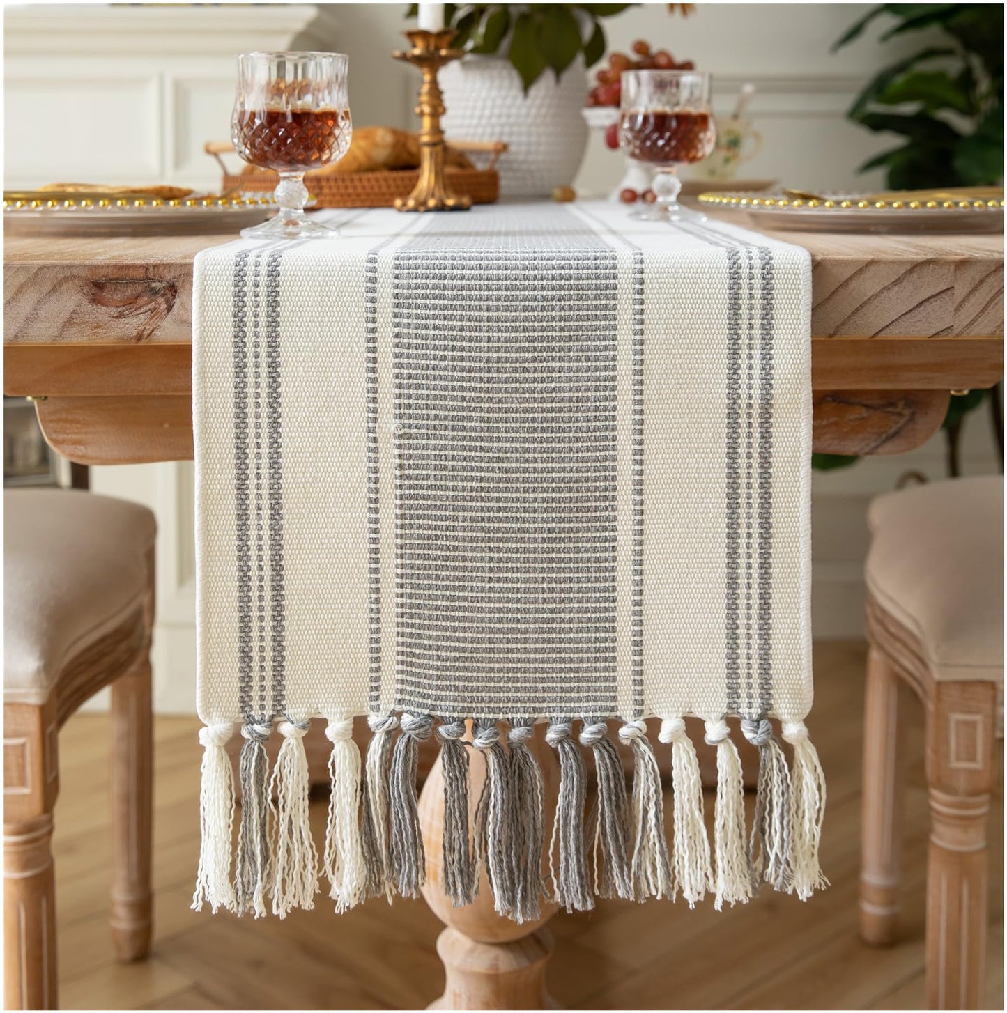 Caflife Boho Table Runner Grey Stripe for Modern Farmhouse Coffee Table Decor, Rustic Woven Runner with Handcrafted Tassels for Home Dining Table décor 13 x 72 Inch Long Visit The Store