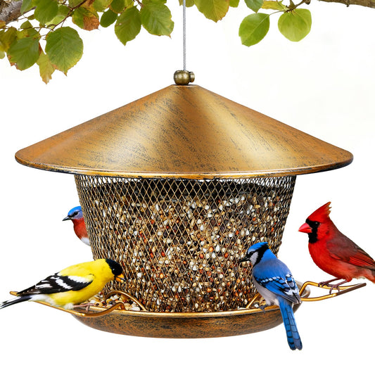 Samhe Metal Bird Feeder for Outdoor Hanging, Heavy Duty Waterproof Bird Feeder for Outside with 9.8" Roof, 3.5 LBs Seeds Capacity, Easy to Fill & Clean
