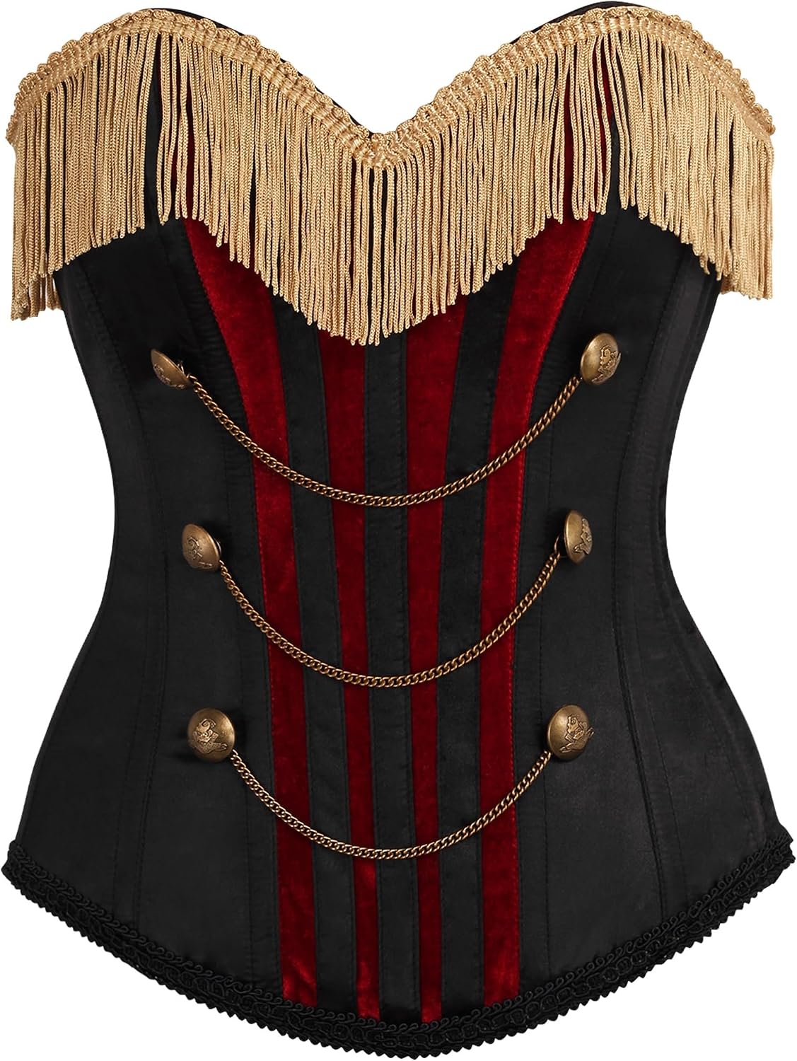Daisy corsets Women's Daisy Corsets Top Drawer Burlesque Black/Dark Red Steel Boned Corset W/Gold Fringe