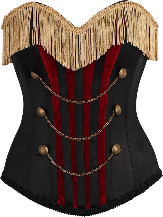 Daisy corsets Women's Daisy Corsets Top Drawer Burlesque Black/Dark Red Steel Boned Corset W/Gold Fringe