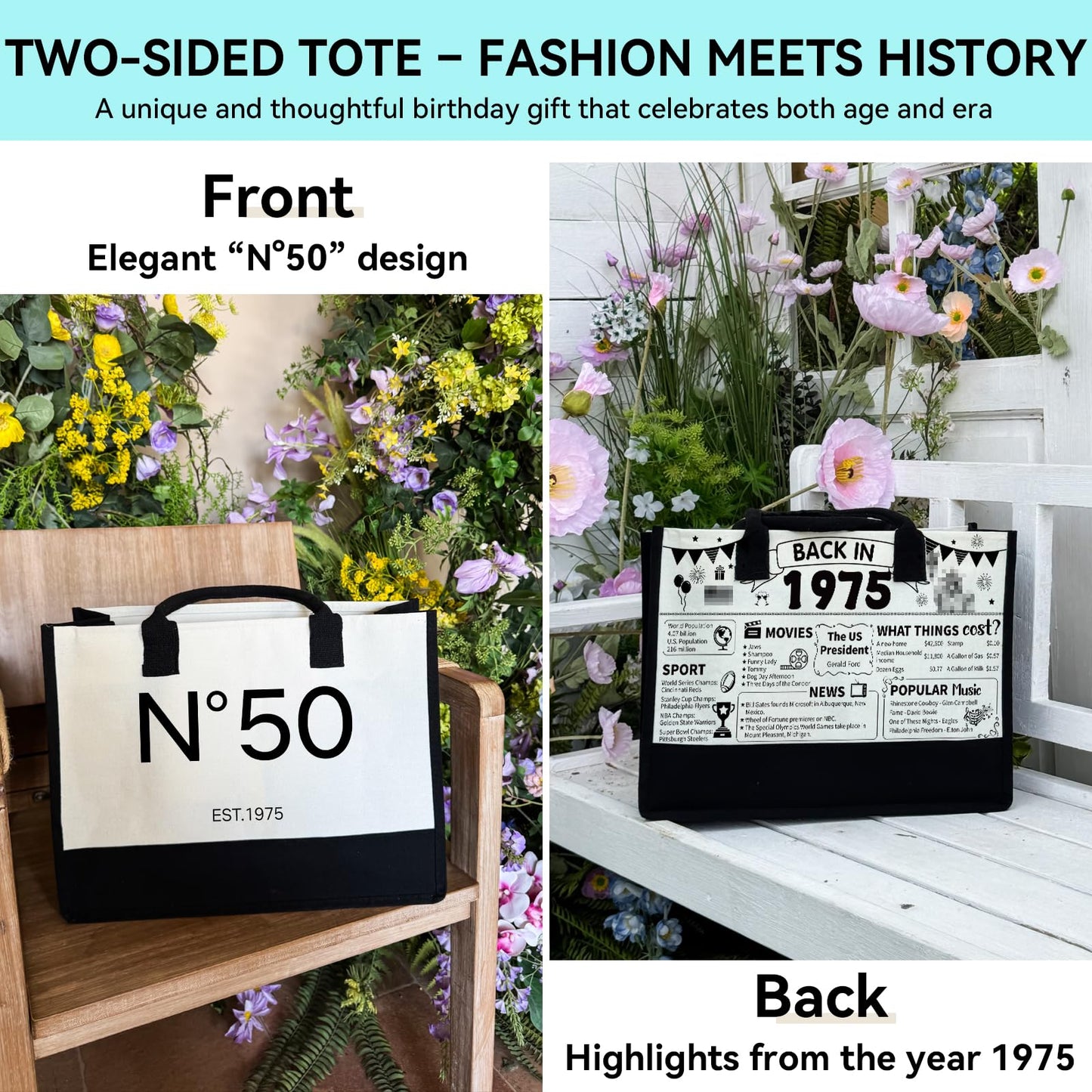 50th Birthday Gift Set for Women Her – No.50 Vintage 1975 Tote Bag, Makeup Bag & 20oz Tumbler – Elegant Birthday Present for 50th Years Old Mom, Wife, Sister, Friends