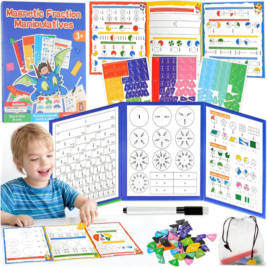 Magnetic Fraction Playbook with Tiles & Circles, Whiteboard Ready Fraction Manipulatives Kit, Montessori Math Tools for Kids Ages 6-10, Classroom & Homeschool Supplies with Wipe Clean Activity Cards