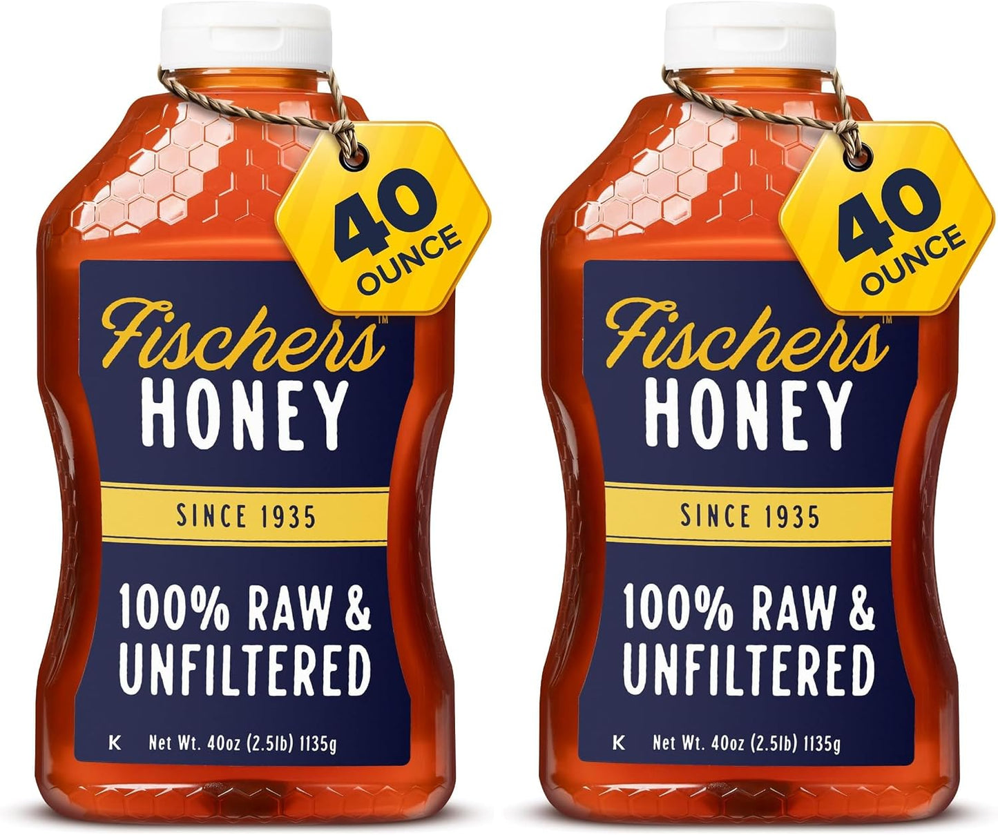 Fischer’s 100% Pure, Raw & Unfiltered Honey – USA Made Honey – All-Natural Sweetener – Rich Flavor Profile, Packed with Nutrients, 40 oz (Pack of 2)