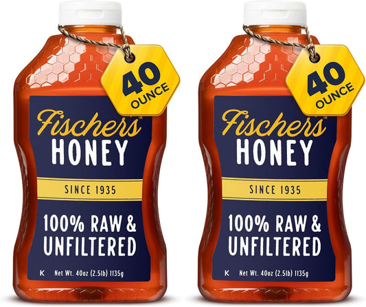 Fischer’s 100% Pure, Raw & Unfiltered Honey – USA Made Honey – All-Natural Sweetener – Rich Flavor Profile, Packed with Nutrients, 40 oz (Pack of 2)
