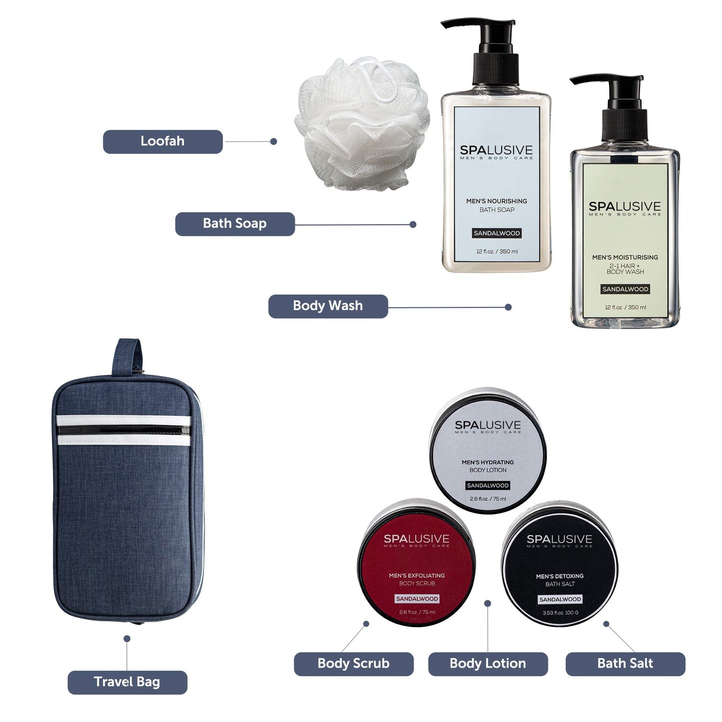 SpaLusive Luxury Spa Gift Set for Men - Natural Men’s Gift Basket - Great Gift For Guys for Holidays, Birthdays, High School, College Grad, Father’s Day Bath And Body Set - Fresh Sandalwood Scent