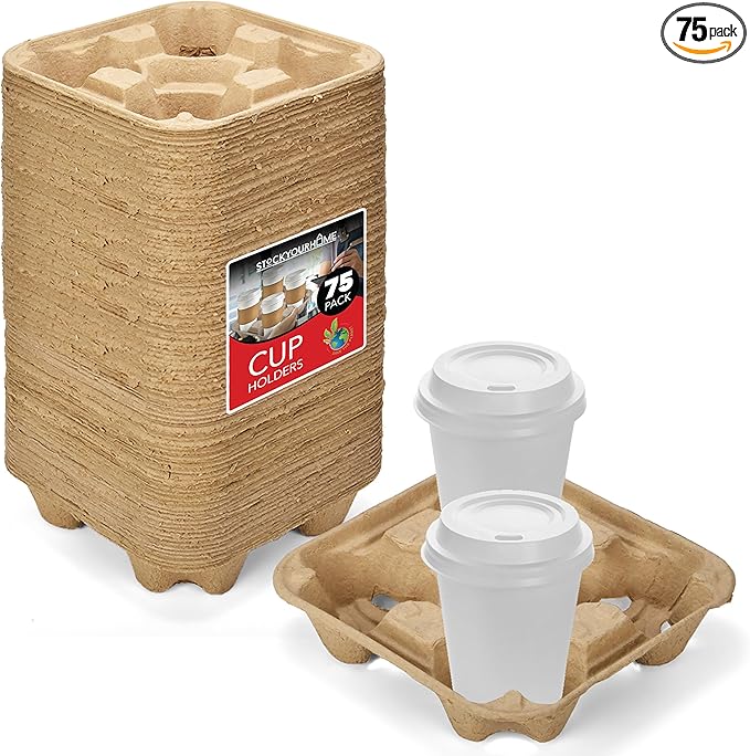 4 Cup Disposable Coffee Tray (75 Count), Commercially Compostable Cup Holder, Durable Drink Carrier for Hot or Cold Drinks, to Go Coffee Cup Holder for Food Delivery Service