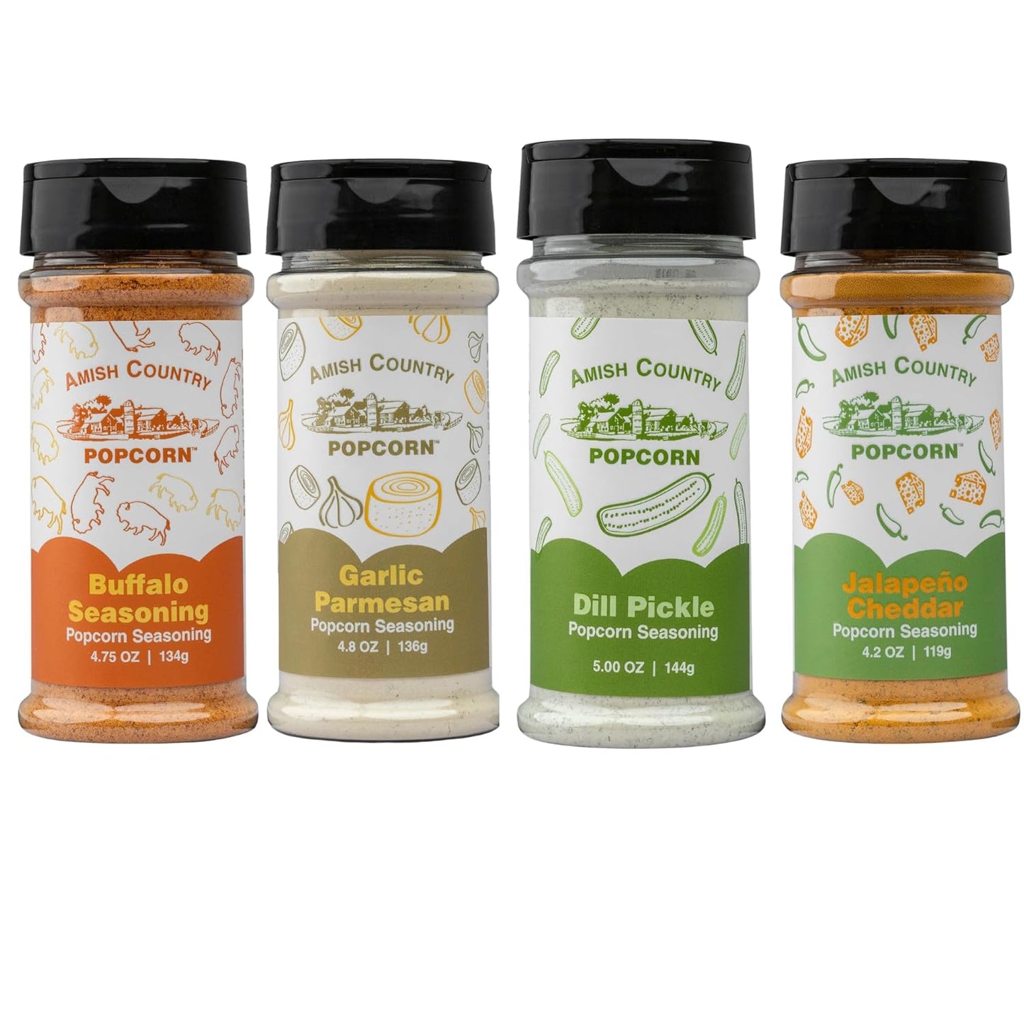 Amish Country Popcorn | 4 Pack Seasoning Bundle | Buffalo, Garlic Parmesan, Jalepeno Cheddar, Dill Pickle | Old Fashioned, Non-GMO and Gluten Free
