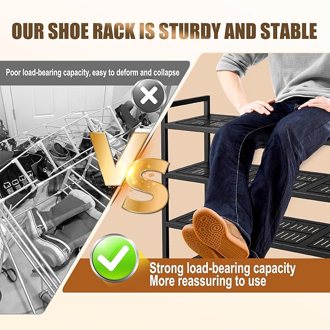 3-Tier Heavy Duty Metal Shoe Rack, 200 LBS Load Capacity, Sturdy Free Standing Shoe Storage Organizer, Holds 9-12 Pairs, 28.7" W x 9.8" D x 19.7" H Black for Entryway, Closet, Bedroom & Dorm