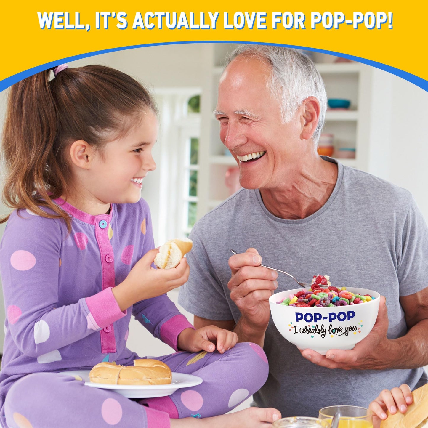 BackURyear Pop-Pop Gifts for Fathers Day, Funny Pop Pop Gifts for Grandpa Birthday from Grandkids Granddaughter, Ceramic Cereal Bowl Presents, POP-POP I Cerealsly Love You