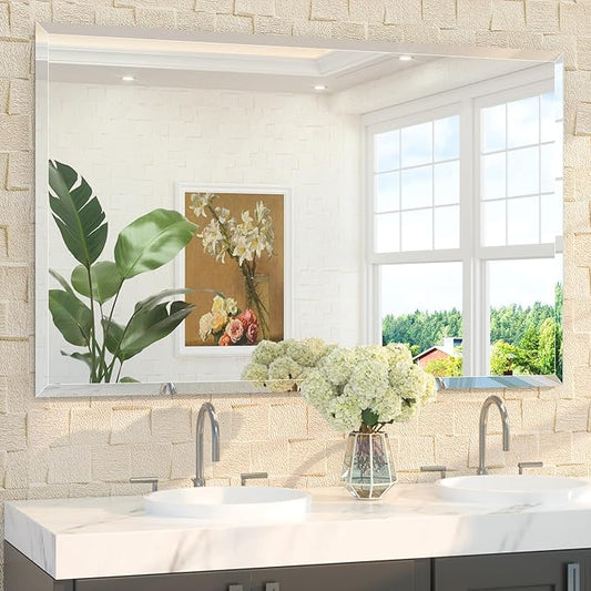 TETOTE 48" x 30" Large Rectangle Mirror with Frameless Tempered Beveled Edge for Vanity and Bathroom