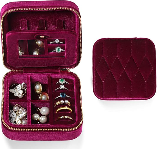 Velvet Jewelry Box â Travel Jewelry Case Organizer with Mirror, Adjustable Compartments for Women | Luxury Storage Case & Gift for Her - Rose Purple