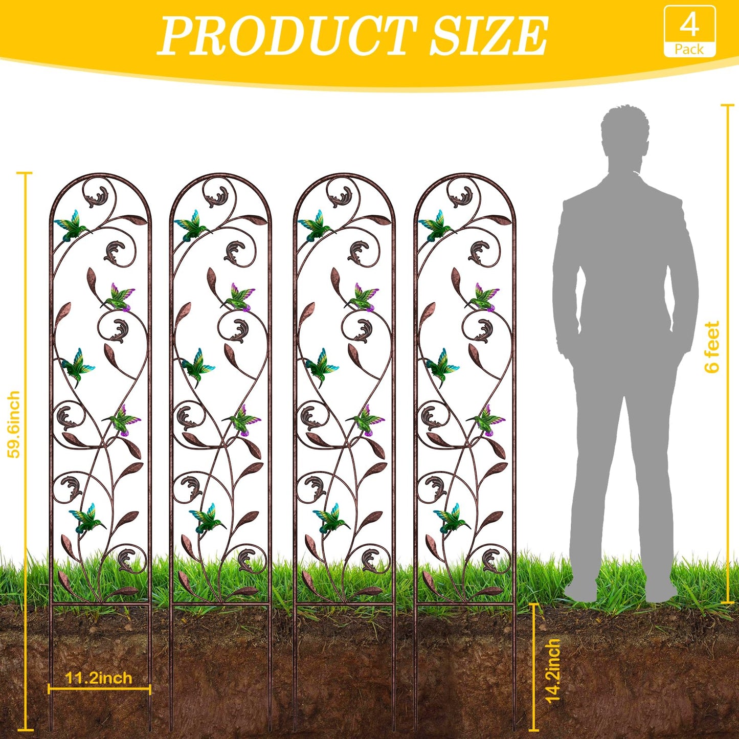 aboxoo Set of 4 Packs Hummingbird Metal Garden Trellis for Climbing Plants,Outdoor Decorative Flowers Arch Fence Trellis for Outdoor Patio,Garden,Yard,Backyard,Wall Brackets,60'' H x 11'' W