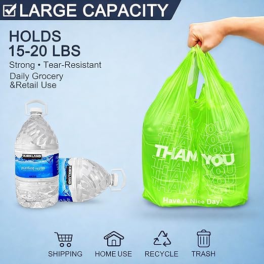 YoYoRain 1000 Pack “Thank You” T-Shirt Bags – Green Plastic Shopping Bags with Handles, Reusable & Disposable, for Takeout, Retail, Grocery, Small Business