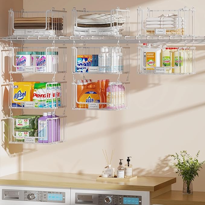 3-Pack Hanging Laundry Organizer, Stackable Wire Shelf Storage with Label Cards, Foldable Metal Baskets with 360Â°Rotating Hooks,Space-Saving for Laundry Room, Closet & Pantry ,11"Ã15" Large,White