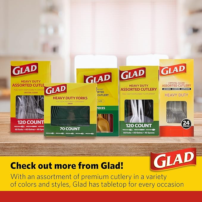 Glad Clear Disposable Cutlery Set with Heavy Duty Plastic Forks, Knives, and Spoons, Reusable Dishwasher Safe Plastic Utensils for Parties and Everyday Use, 24 Count