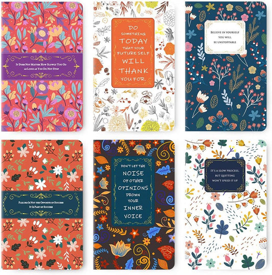 6 Packs Sewn-binding Pocket Notebook 96 Pages (Lined, 48 Sheets), 5"x 8" Sturdy 22LB/80GSM Heavy Weight Paper, Small Memo Notepad with Inspirational Motivational Quotes Writing Pad, Softcover Journal