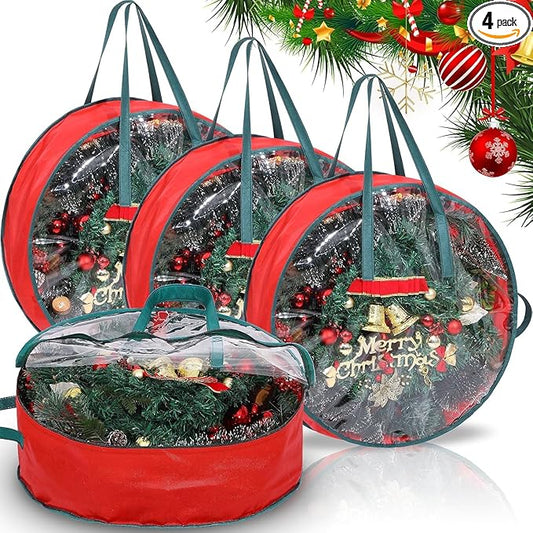 Shappy 4 Pcs Christmas Wreath Storage Bag Clear Wreath Box Storage Containers with Clear Window and Handle Christmas Garland Containers for Xmas Holiday Seasonal Bags (30 Inch)