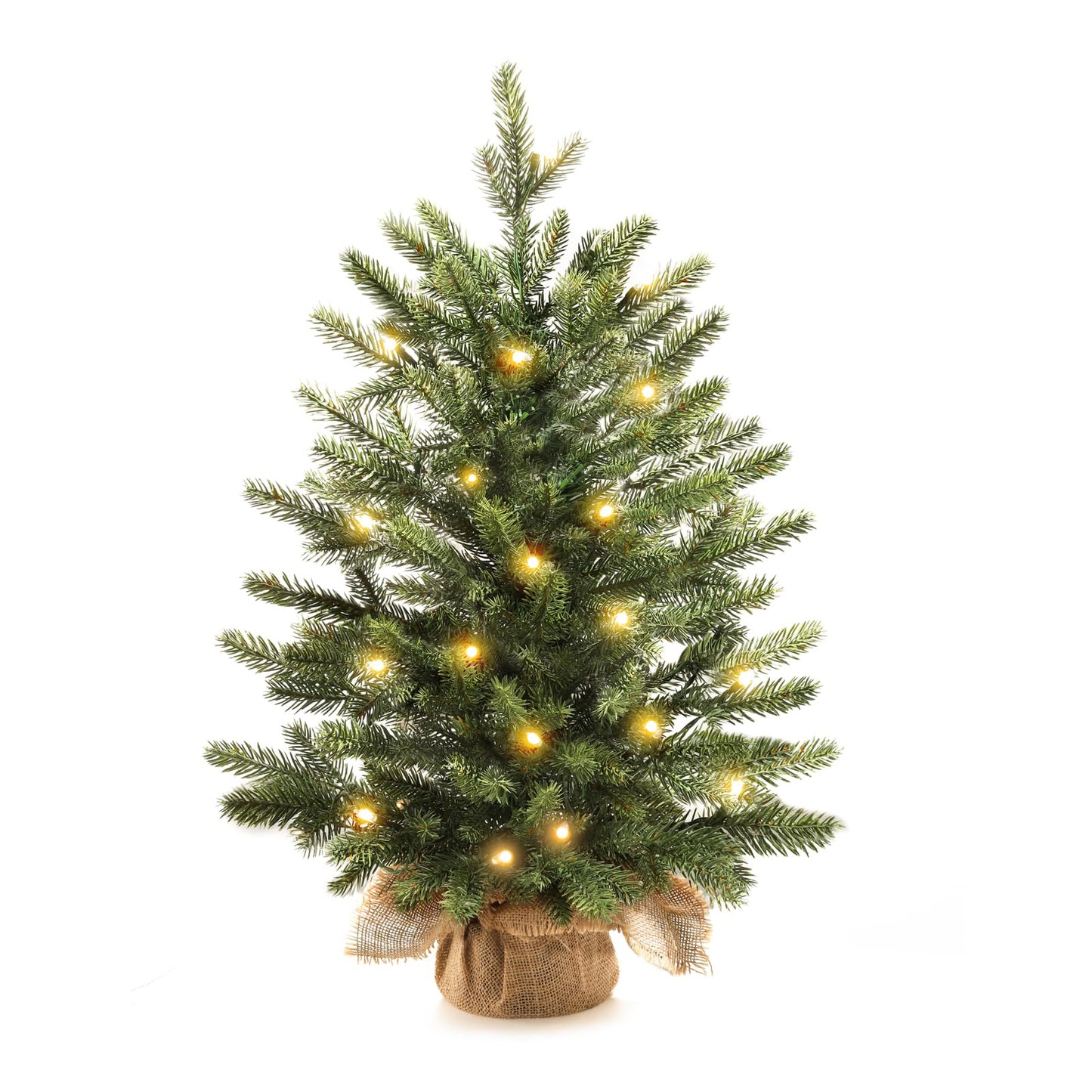 Mini Christmas Trees 24" with 25 LED Lights, 2 ft Decorated Burlap Artificial Tabletop Christmas Trees Home Party Decoration for Kitchen Dining Room Window