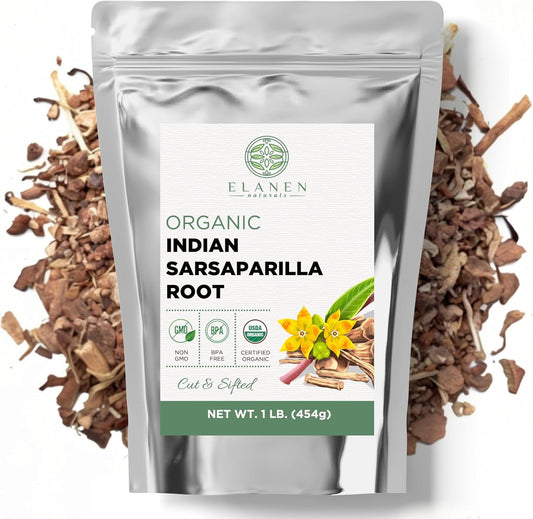 Elanen Naturals Organic Sarsaparilla Root 1 lb. (16 oz), USDA Certified Organic Indian Sarsaparilla Tea, Hemidesmus Indicus Sasparilla, Sarsparilla, Zarzaparrilla, Cut & Sifted