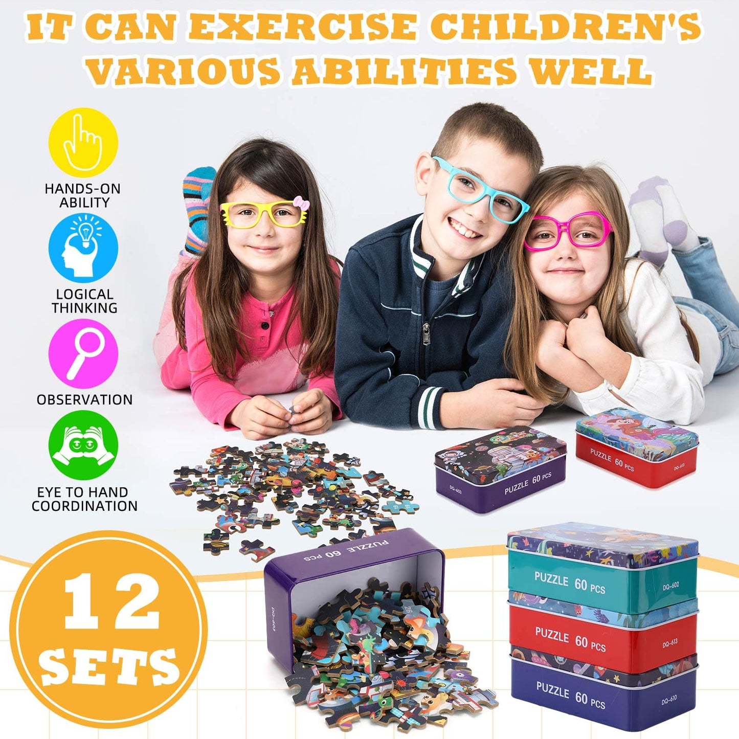 Silipull 12 Boxes Party Favors Jigsaw Puzzles in a Metal Box for Age of 4-8, Wooden Puzzle for Ages 4-8 Boys and Girls Learning Educational Jigsaw Pieces Toys, 12 Styles(Novel)