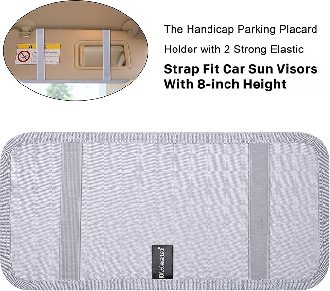 Handicap Placard Holder for Auto, Wisdompro Disabled Parking Permit Sign Protector for Car Sun Visor with Note Paper Slot, Pen Holder and Elastic Strap - Gray