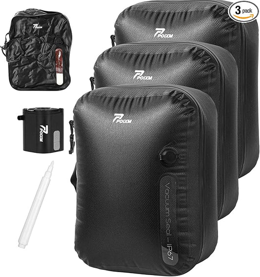 Vacuum Bags for Travel with Wireless Pump, 180Â° Open Zipper, IP67 Waterproof, Reusable Space Saver Compression Bags for Home Storage, Backpack, Suitcase(3 Pack + Pump)