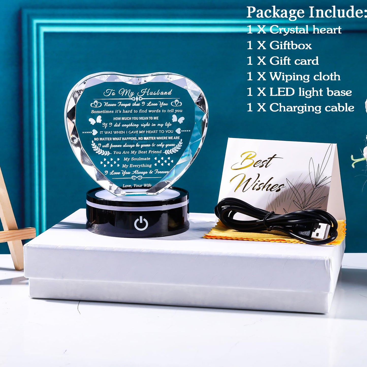 YWHL Gifts for Husband with Colorful Base I Love You Gifts for Him Best Anniversary Birthday Husband Gift Idea Romantic Crystal to My Husband Presents for Valentine's Day Christmas Fathers Day