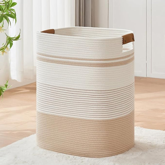 Laundry Basket with Handles - Blanket Basket & Hampers for Bedroom Aesthetic, Laundry Hamper & Blanket Storage for Living Room, Clothes Hamper, Tall, Large 17" x 14" x 22â, Off-white