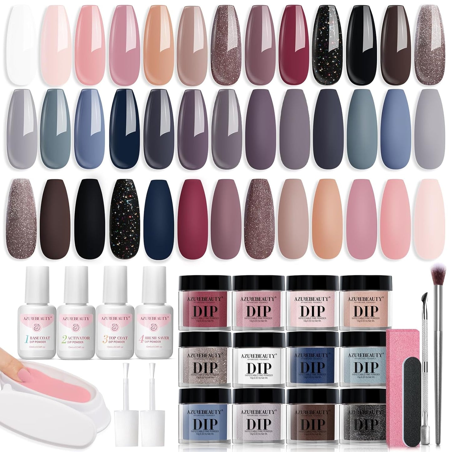 AZUREBEAUTY 31 Pcs Dip Powder Nail Kit Starter All Season 20 Colors Glitter Nude Gray Acrylic Nail Dip Powder System Essential Liquid Set for French Nails Art Manicure DIY Salon Gift for Women