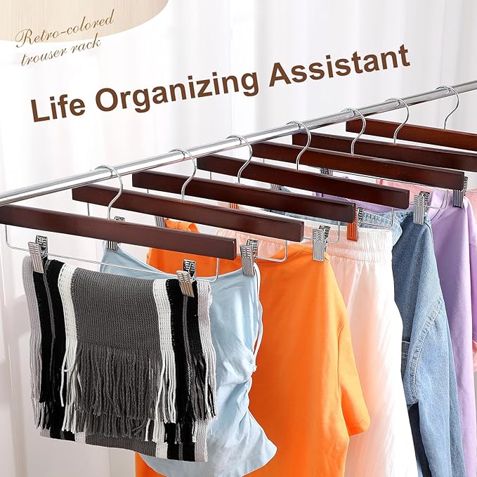 Sieral 30 Pack Wooden Pants Hangers with Clips Solid Wood Skirt Suit Coat Hangers with 2 Adjustable Clips 360 Degree Swivel Hook for Trousers Jeans Slacks Shorts Bottom, 14 Inch(Brown,Stylish)
