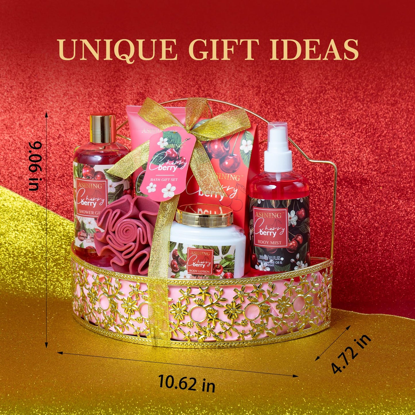 Bath & Body Basket Set, Cherry Fruit Scent Spa Gift Basket with Shower Gel, Lotions for Women Gift Set, Spa Kits for Christmas Valentine's Birthday Gift All Occasion Holiday Gift Idea Luxury Bath Set