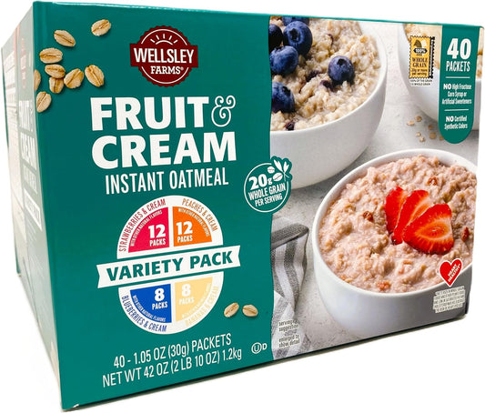 Wellsley Farms Fruit And Cream Instant Oatmeal 40 Pack Variety. (8x Banana, 12x Peach, 8x Blueberry, 12x Strawberry) Heart Healthy. No High Fructose Corn Syrup or Artificial Sweeteners.