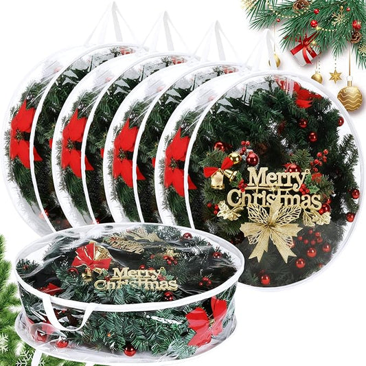 Zhengmy 5 Pcs 24 Inch Christmas Wreath Storage Bags Transparent Wreath Storage Container Bulk Wreaths Box with Dual Zippers and Handles for Xmas Holiday Wreaths Garland
