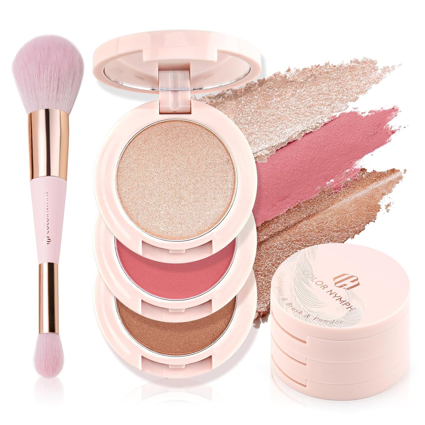 Color Nymph 3 Colors Contour Blush Highlighter Makeup Palette | 3-IN-1 Multi-Colored Shimmer & Matte Long-Lasting Travel-Friendly Make up Kit, Includes Brush & Mirror | Stacked Makeup Design (Purple)