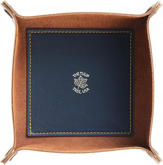 USA Handmade Premium Leather Valet Tray, Folds Flat! Dice Rolling Basket and Organizer with Brass Snaps (Chestnut and Blue Gold, Medium)